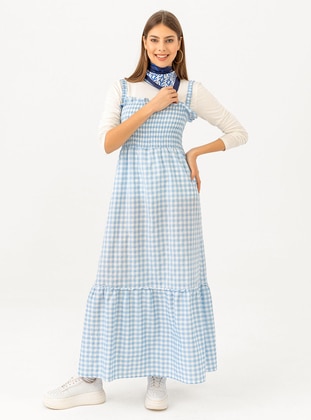 Baby Blue - Checkered - Cotton - Modest Dress - Tofisa