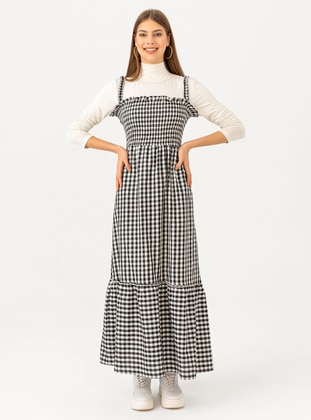 Black - Checkered - Cotton - Modest Dress - Tofisa