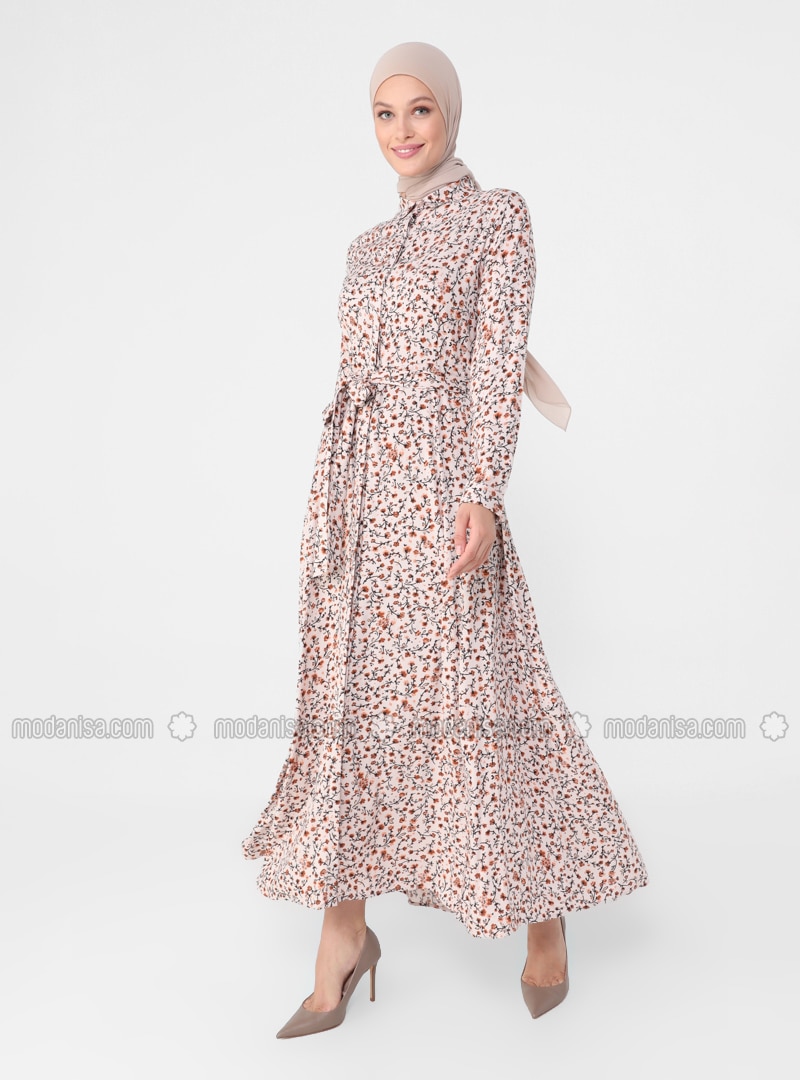 Powder - Yellow - Floral - Point Collar - Unlined - Modest Dress