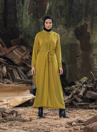 Olive Green - Floral - Point Collar - Unlined - Modest Dress - Refka