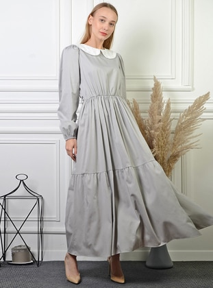 Gray - Round Collar - Unlined - Cotton - Modest Dress - Pinkmark