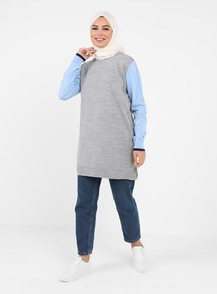 Crew Neck Sleeve Color Detailed Color Block Sweater Tunic Blue