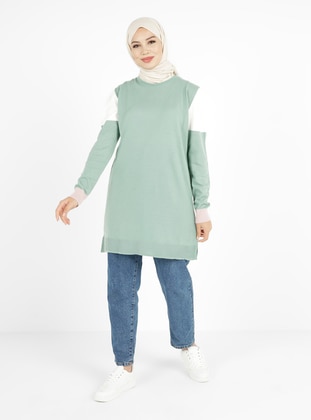 Crew Neck Shoulder And Sleeve Color Detailed Knitwear Tunic