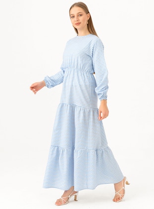 Baby Blue - Checkered - Crew neck - Unlined - Cotton - Modest Dress - Tofisa