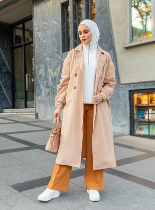 Beige - Unlined - Shawl Collar - Cotton - Trench Coat - Refka