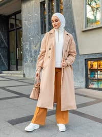 Beige - Unlined - Shawl Collar - Cotton - Trench Coat