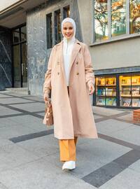 Beige - Unlined - Shawl Collar - Cotton - Trench Coat
