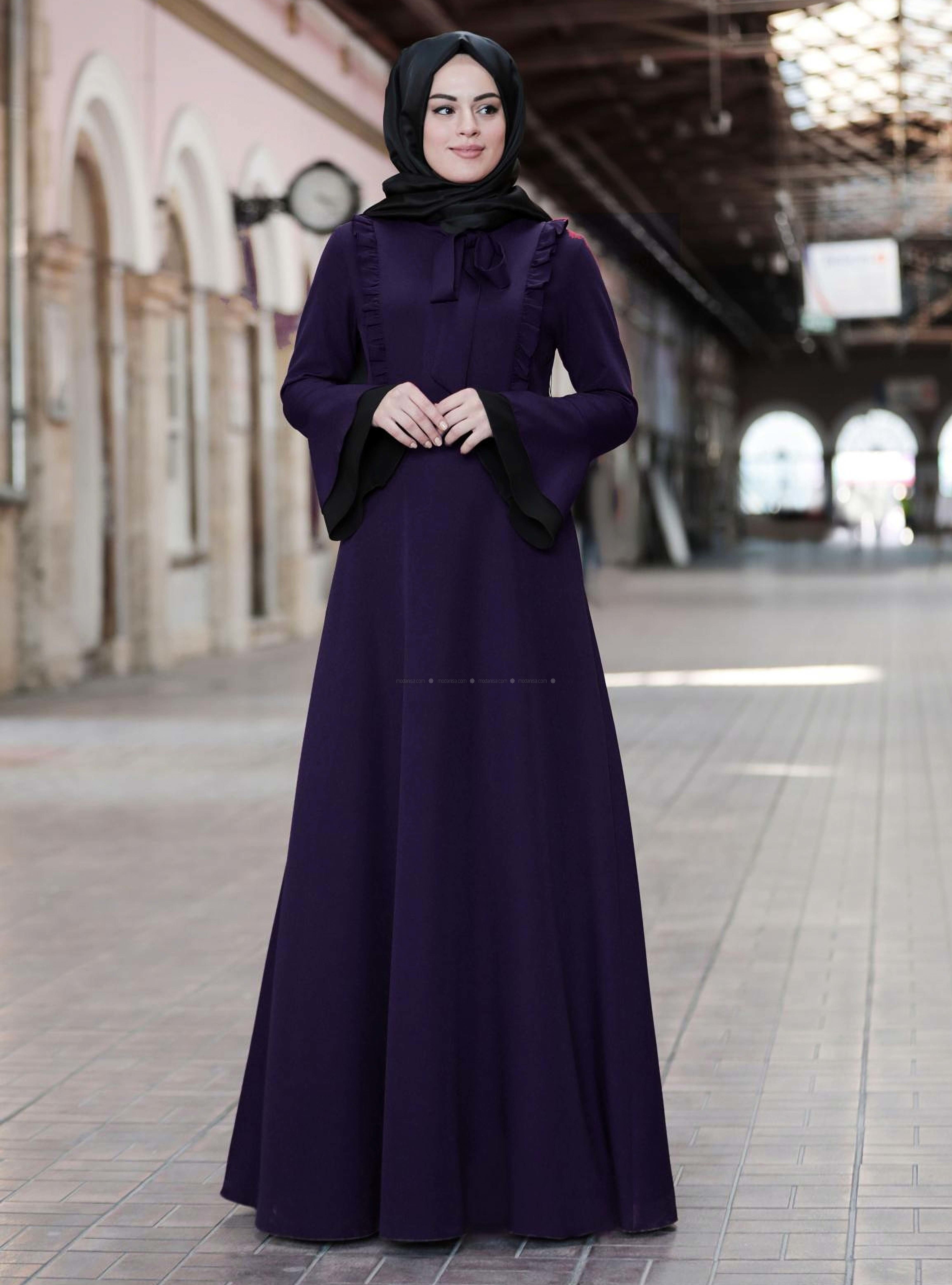 Purple - Unlined - Crew neck - Modest Evening Dress