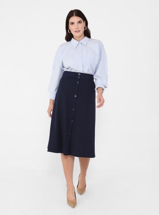Navy Blue - Unlined - Plus Size Skirt - Alia