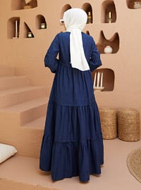 Navy Blue - Crew neck - Unlined - Denim - Cotton - Modest Dress