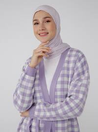 Lilac - Checkered - V neck Collar - Acrylic - Triko - Cardigan