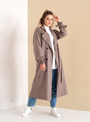 Multi - Houndstooth - Fully Lined - Shawl Collar - Cotton - Viscose - Trench Coat  - Sahra Afra