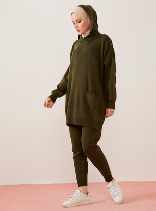 Pocket&Hooded Tunic&Pants Knitwear Co-Ord Set Khaki