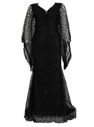 Black - Fully Lined - V neck Collar - Modest Plus Size Evening Dress - Mileny