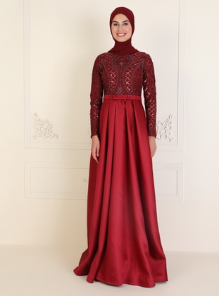Maroon - Fully Lined - Crew neck - Modest Evening Dress - Mileny