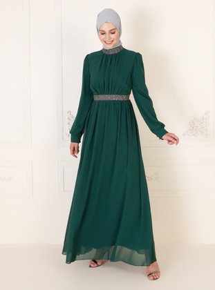 Green - Fully Lined - Crew neck - Modest Evening Dress - MEKSİLA