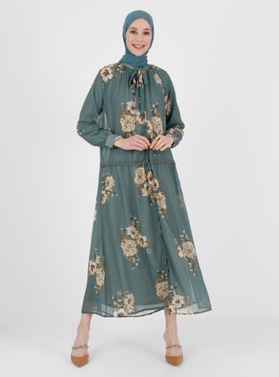 Green Almond - Floral - Crew neck - Fully Lined - Modest Dress - Refka