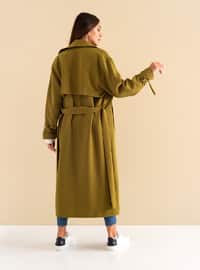 Green - Fully Lined - Shawl Collar - Cotton - Viscose - Trench Coat