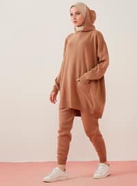 Pocket&Hooded Tunic&Pants Knitwear Co-Ord Set Biscuit