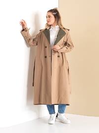 Camel - Fully Lined - Shawl Collar - Cotton - Viscose - Trench Coat