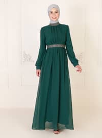 Green - Fully Lined - Crew neck - Modest Evening Dress