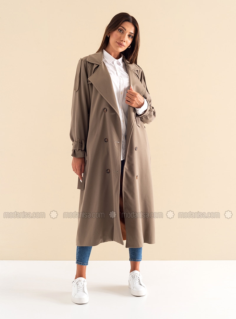 Brown - Fully Lined - Shawl Collar - Cotton - Viscose - Trench Coat