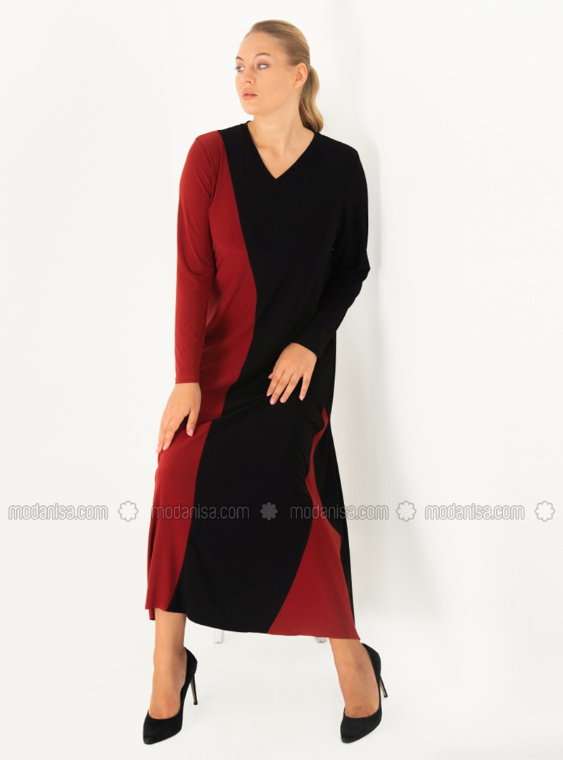 Terra Cotta - Black - Unlined - V neck Collar - Plus Size Dress