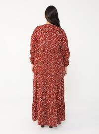 Terra Cotta - Floral - Unlined - Crew neck - Plus Size Dress