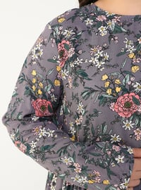 Lilac - Floral - Unlined - Crew neck - Plus Size Dress