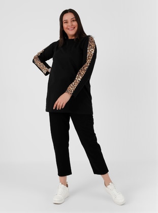 Black - Leopard - Crew neck - Cotton - Plus Size Tunic - Alia