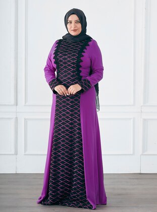 Purple - Fully Lined - Crew neck - Modest Plus Size Evening Dress - Moda Sinanlar