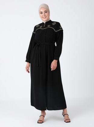 Black - Black - Crew neck - Plus Size Abaya