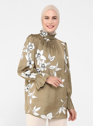 Patterned Satin Blouse With Gipe Detail On Collar And Sleeve Ends Oil Green