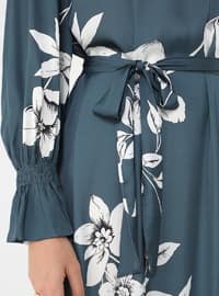 Blue - Floral - Lined Collar - Unlined - Modest Dress