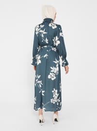 Blue - Floral - Lined Collar - Unlined - Modest Dress