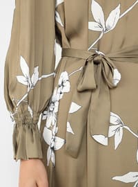 Olive Green - Floral - Lined Collar - Unlined - Modest Dress