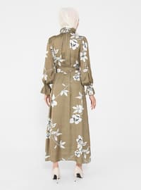 Olive Green - Floral - Lined Collar - Unlined - Modest Dress
