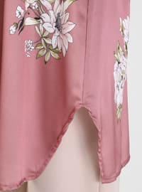 Wide Cut Floral Patterned Satin Tunic Rose Color