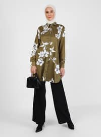 Olive Green - Floral - Point Collar - Tunic