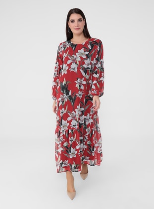 Red - Floral - Fully Lined - Crew neck - Plus Size Dress - Alia