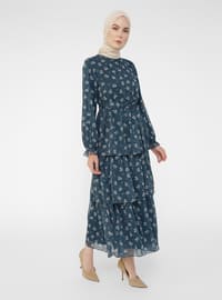 White - Ecru - Petrol - Floral - Crew neck - Fully Lined - Modest Dress