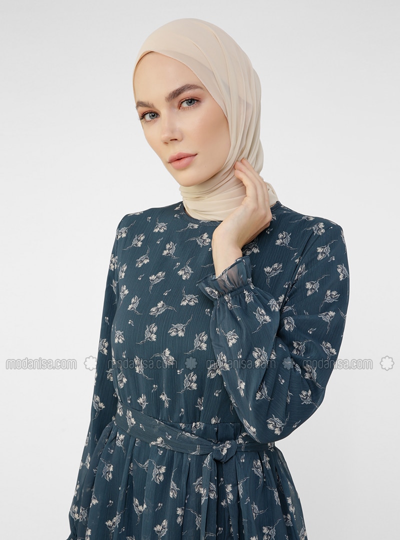 White - Ecru - Petrol - Floral - Crew neck - Fully Lined - Modest Dress