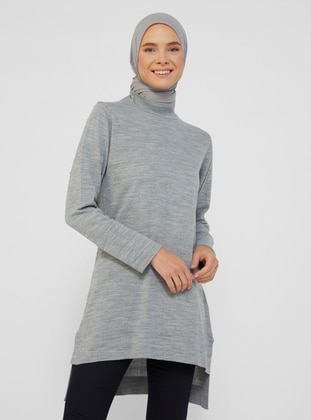 Gray - Polo neck - Unlined - Knit Tunics - Refka