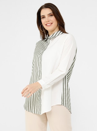 White -  - Stripe - Point Collar - Cotton - Plus Size Tunic - Alia