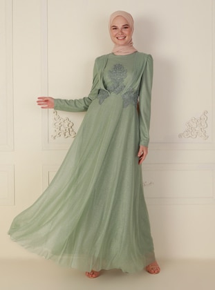 Green Almond - Unlined - Crew neck - Modest Evening Dress - MEKSİLA