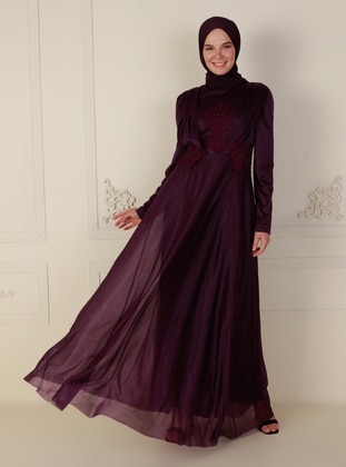 Purple - Unlined - Crew neck - Modest Evening Dress - MEKSİLA
