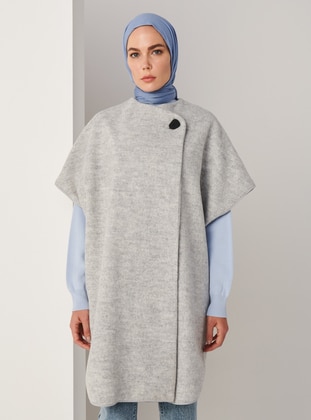 Gray - Crew neck - Unlined - Wool Blend - Poncho - Refka