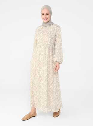 Olive Green - Floral - Crew neck - Fully Lined - Modest Dress - Refka