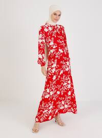White - Red - Floral - Crew neck - Unlined - Modest Dress