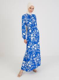 White - Saxe - Floral - Crew neck - Unlined - Modest Dress
